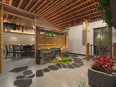 Traditional Hot Pot Restaurant Interior With Wooden Ceiling Lanterns Bamboo Screens And Green Plants 3d model