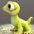Adorable Cartoon Green Yellow Lizard With Big Eyes Standing On Plain Surface