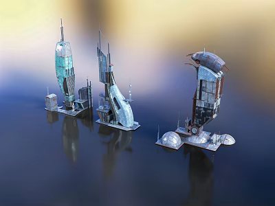 Futuristic Architectural Structures With Metallic Glass Design And Reflective Water Surface 3d model