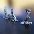 Futuristic Architectural Structures With Metallic Glass Design And Reflective Water Surface