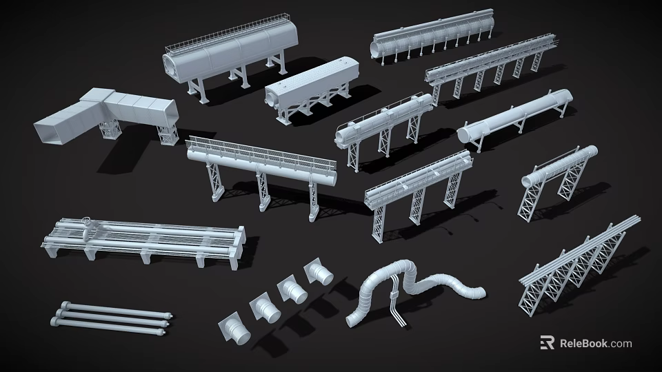 Various Industrial Pipe Components Including Bends Supports And 3d model 