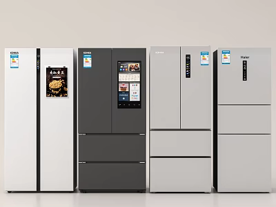 Modern Fridge Freezers in Various Styles Displayed Side by Side in a Row 3d model
