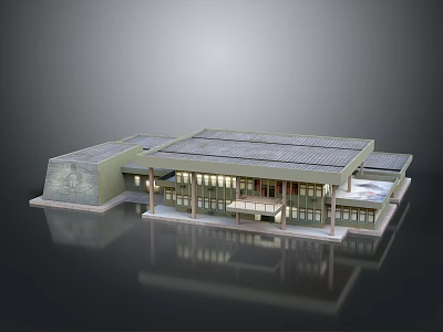 Modern Building Architectural Model With Flat Roof Glass Windows And Concrete Support Structures 3d model