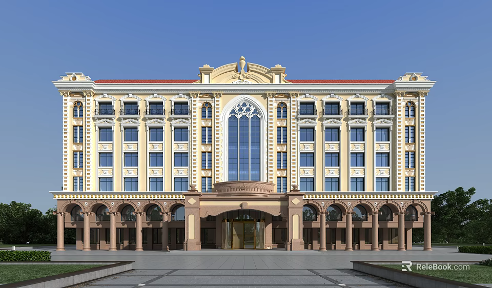 Classical European Style Grand Hotel Building Featuring Yellow Facade Red Roof And Arched Windows 3d model 