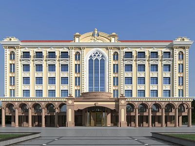 Classical European Style Grand Hotel Building Featuring Yellow Facade Red Roof And Arched Windows 3d model