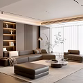 Modern Living Room Interior With Brown Sofa Armchair Coffee Table Rug And Bookshelf