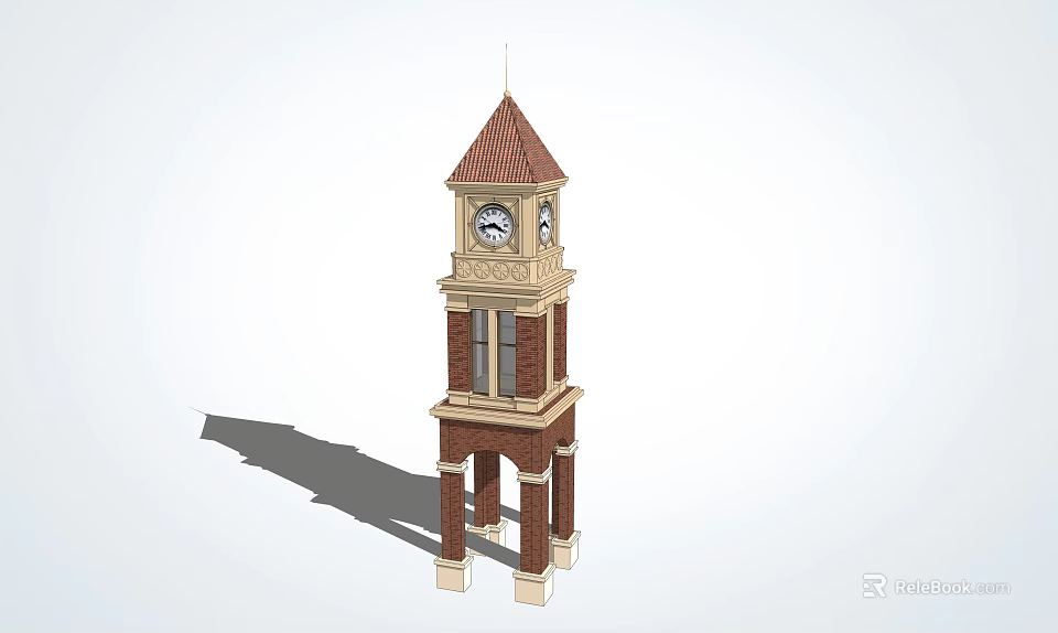 Red Brick Clock Tower Featuring Two Faced Clocks And Column Base Design 3d model 
