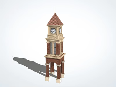 Red Brick Clock Tower Featuring Two Faced Clocks And Column Base Design 3d model