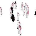 Group of people wearing traditional white thobes and black abayas standing together
