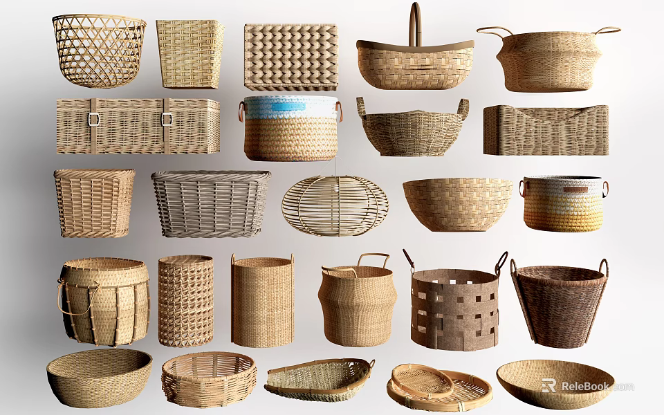 Woven Household Storage Baskets With Various Styles Shapes And Decorative Designs 3d model 