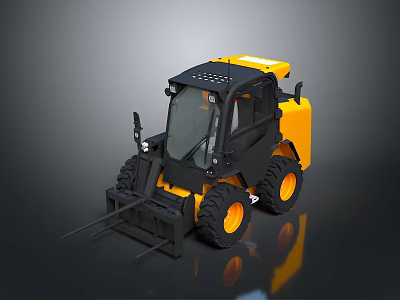 Yellow Black Industrial Skid Steer Loader With Front Forks And Large Tires 3d model