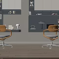 Modern Home Office Desk With Yellow Chairs Wall Shelves And Decorations