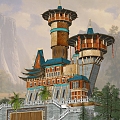 Chinese City Lookout Tower Castle Game Movie Scene 3d model