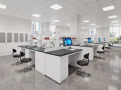 Modern Laboratory With White Cabinets Black Countertops Computers And Chairs 3d model