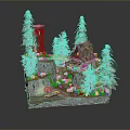 Scenic Landscape Featuring Wooden Cabin Bridge Waterfall And Pine Trees On Rocky Terrain
