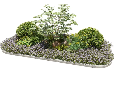 Roadside Landscaping Facility With Green Bushes Trees Flowers And Stone Edging 3d model