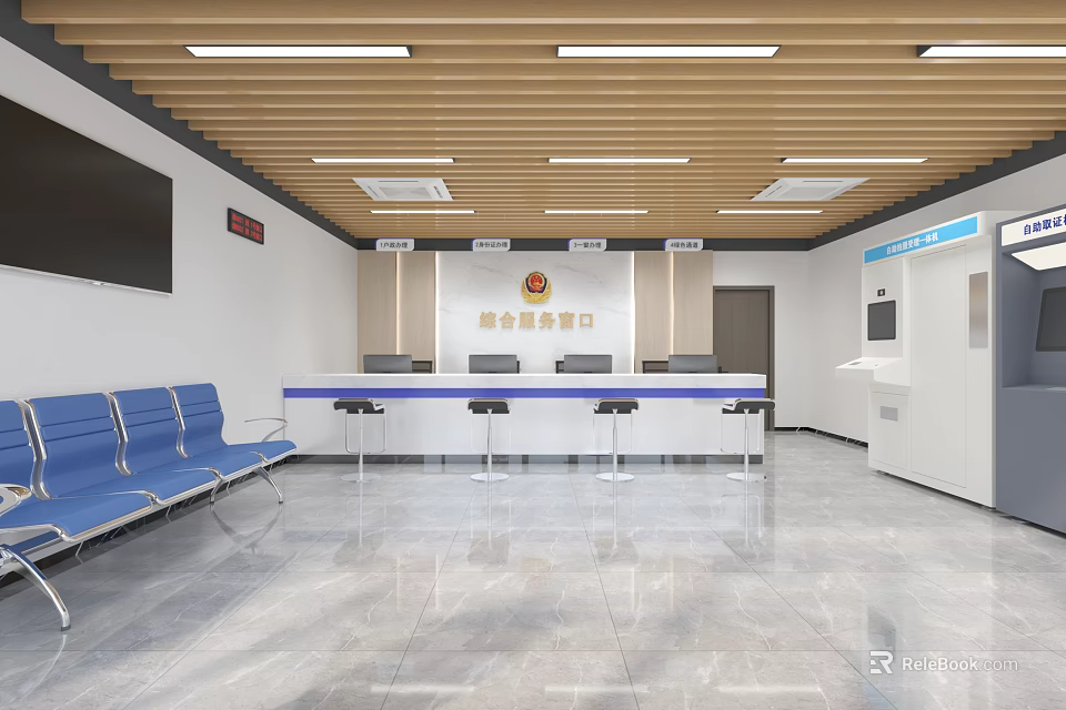 Modern Service Hall Interior With Integrated Service Windows Blue Seats And Self Service Kiosk 3d model 