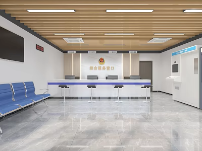 Modern Service Hall Interior With Integrated Service Windows Blue Seats And Self Service Kiosk 3d model