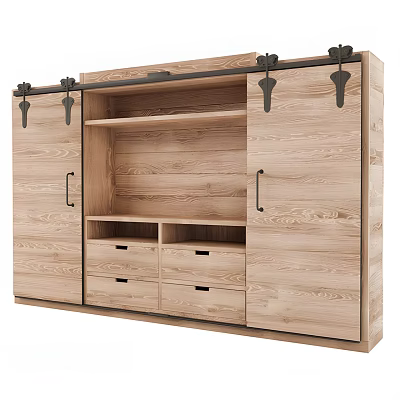 Modern Wooden Wardrobe With Sliding Doors Multiple Drawers And Open Shelves 3d model