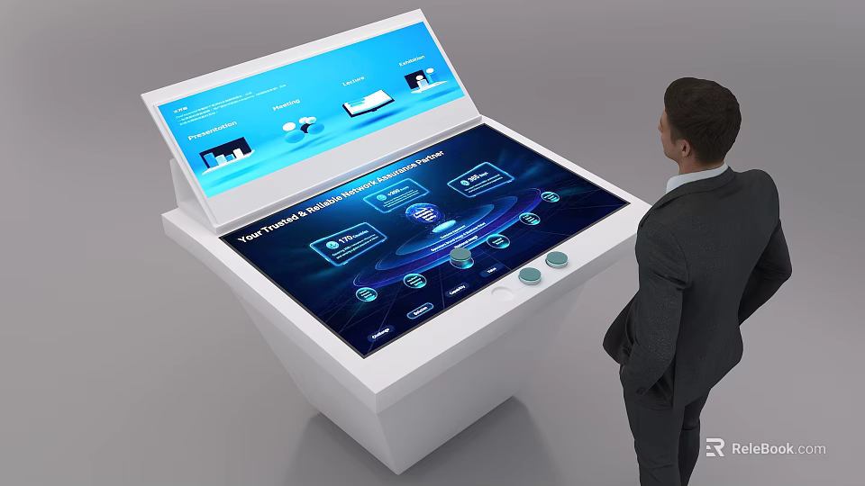Interactive Information Kiosk With White Countertop Open Display Blue Interface And Man In Suit 3d model 