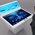 Interactive Information Kiosk With White Countertop Open Display Blue Interface And Man In Suit 3d model