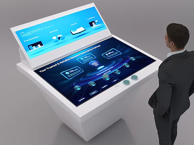 Interactive Information Kiosk With White Countertop Open Display Blue Interface And Man In Suit 3d model