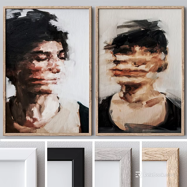 Two Panel Abstract Portrait Paintings With Brush Strokes And Human Faces 3d model 