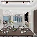 Modern Open Living Dining Room Interior With Marble Floor Chandelier Sofa Dining Table TV Wall