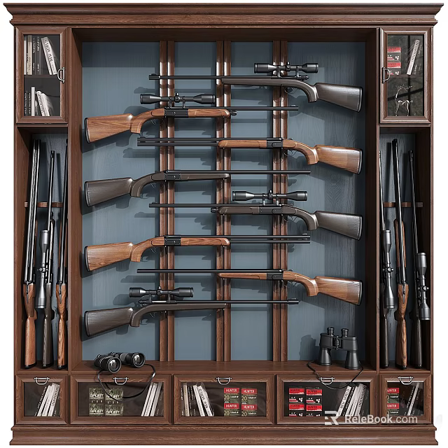 Organized Wooden Gun Display Cabinet With Shotguns Rifles And Hunting Items 3d model 
