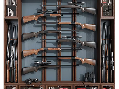 Organized Wooden Gun Display Cabinet With Shotguns Rifles And Hunting Items 3d model