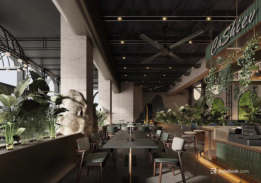 Modern Industrial Restaurant Interior With Greenery Rock Decor Long Tables And Ceiling Fans 3d model 