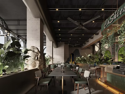 Modern Industrial Restaurant Interior With Greenery Rock Decor Long Tables And Ceiling Fans 3d model