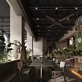 Modern Industrial Restaurant Interior With Greenery Rock Decor Long Tables And Ceiling Fans
