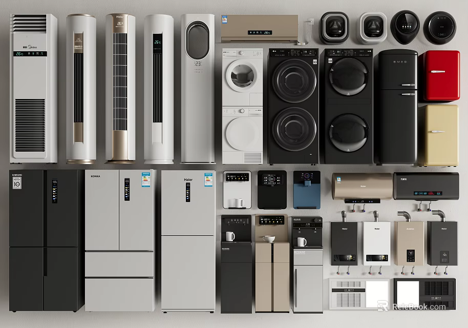 Various Modern Home Appliances Including Air Conditioners Washing Machines Refrigerators And TVs 3d model 