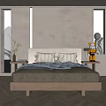 Modern Double Bed With Wooden Frame Upholstered Headboard Plush Pillows And Linen Bedding