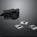 Vintage Electronic Camera With Printed Photos On Black Reflective Surface