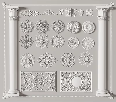 Intricate Carvings With Decorative Circular Patterns And White Architectural Columns 3d model