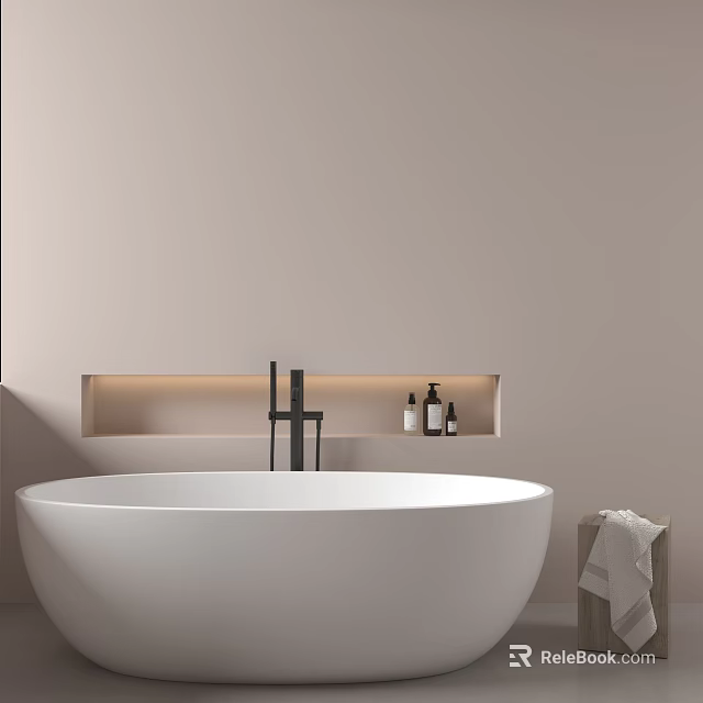 Modern White Bathtub In Minimalist Bathroom With Illuminated Niche And Towel 3d model 