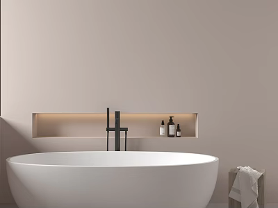 Modern White Bathtub In Minimalist Bathroom With Illuminated Niche And Towel 3d model