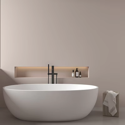 Modern White Bathtub In Minimalist Bathroom With Illuminated Niche And Towel 3d model