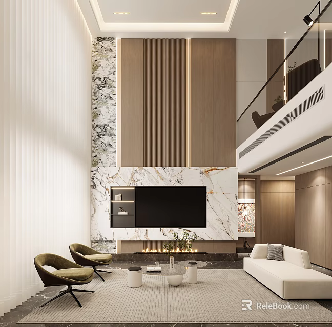 Modern Duplex Living Room Interior With Marble Wall And Fireplace 3d model