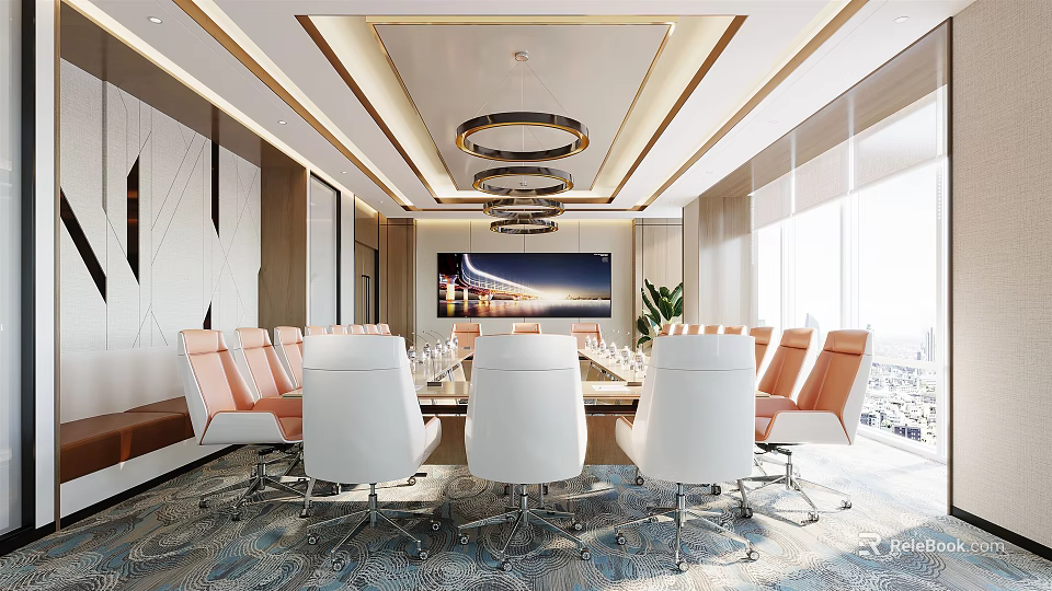 Modern Conference Room Interior With Spacious Table Leather Chairs And Chandelier Lighting 3d model 