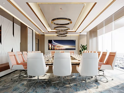 Modern Conference Room Interior With Spacious Table Leather Chairs And Chandelier Lighting 3d model