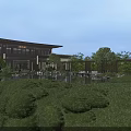 Serene Courtyard Garden With Pond Greenery Stone Path Wooden Pergola And Hanging Lanterns