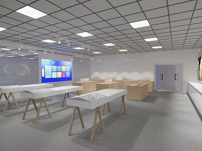 Modern Exhibition Hall With White Display Tables Wooden Legs Large Screen And Bright Lighting 3d model