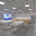 Modern Exhibition Hall With White Display Tables Wooden Legs Large Screen And Bright Lighting