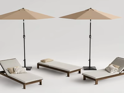 Outdoor Lounge Chairs with Wooden Frames Cushions Pillows and Sunshade Umbrellas 3d model