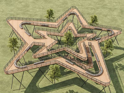 Star-Shaped Wooden Landscape Bridge Surrounded by Trees in Green Grassland 3d model