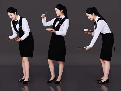 Multiple Female Waitresses in Uniform Serving Food Drinks with Trays 3d model