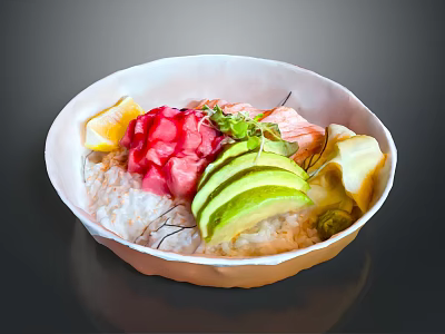 Fresh Salmon And Tuna Fish Poke Bowl With Avocado Rice And Lemon Slices 3d model
